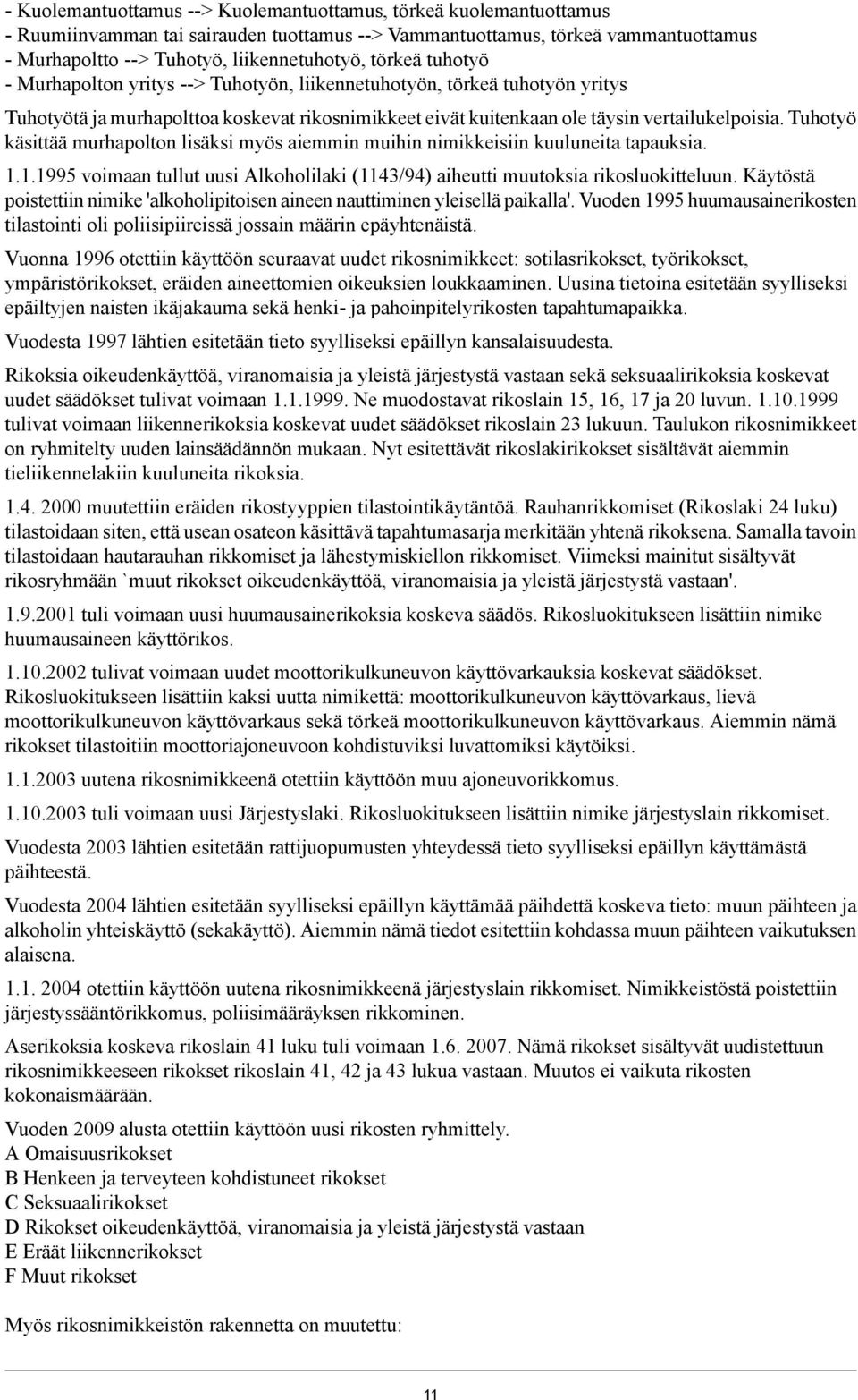 Tuhotyö käsittää murhapolton lisäksi myös aiemmin muihin nimikkeisiin kuuluneita tapauksia. 1.1.1995 voimaan tullut uusi Alkoholilaki (1143/94) aiheutti muutoksia rikosluokitteluun.