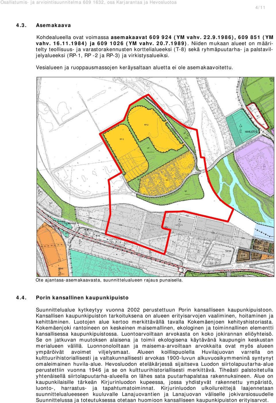 Vesialueen ja ruoppausmassojen keräysaltaan aluetta ei ole asemakaavoitettu. Ote ajantasa-asemakaavasta, suunnittelualueen rajaus punaisella. 4.