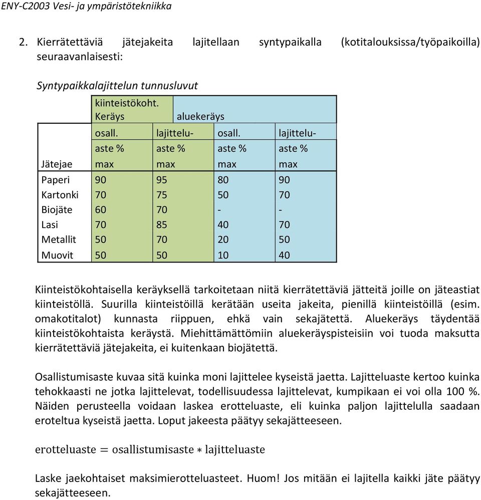 keräyksellä tarkoitetaan niitä kierrätettäviä jätteitä joille on jäteastiat kiinteistöllä. Suurilla kiinteistöillä kerätään useita jakeita, pienillä kiinteistöillä (esim.