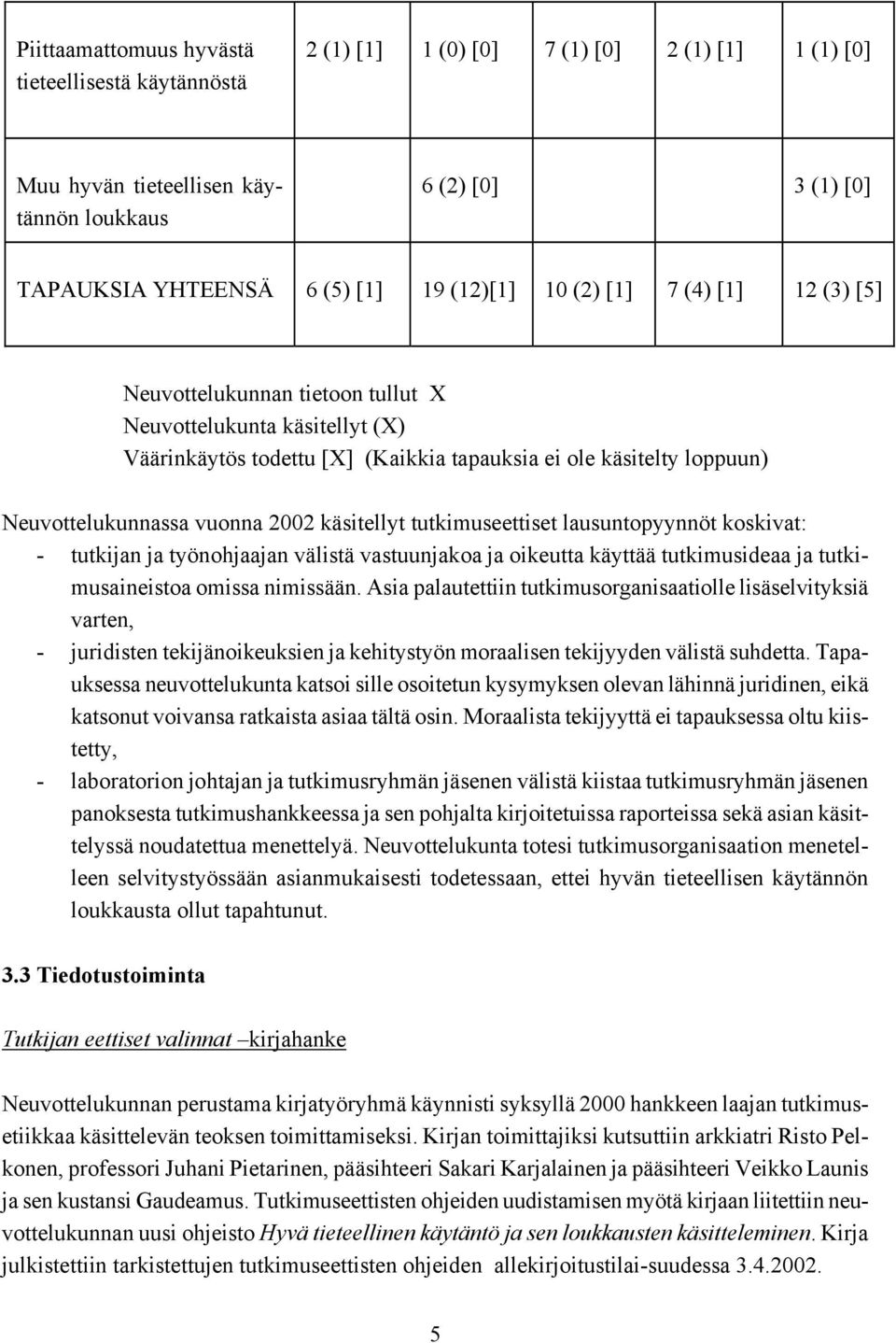 vuonna 2002 käsitellyt tutkimuseettiset lausuntopyynnöt koskivat: - tutkijan ja työnohjaajan välistä vastuunjakoa ja oikeutta käyttää tutkimusideaa ja tutki- varten, musaineistoa omissa nimissään.