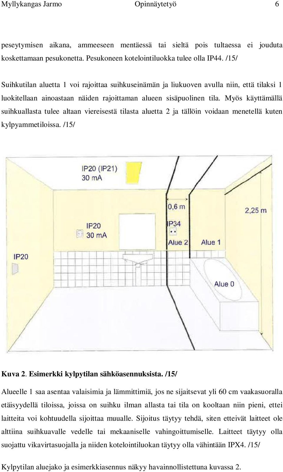 Myös käyttämällä suihkuallasta tulee altaan viereisestä tilasta aluetta 2 ja tällöin voidaan menetellä kuten kylpyammetiloissa. /15/ Kuva 2. Esimerkki kylpytilan sähköasennuksista.