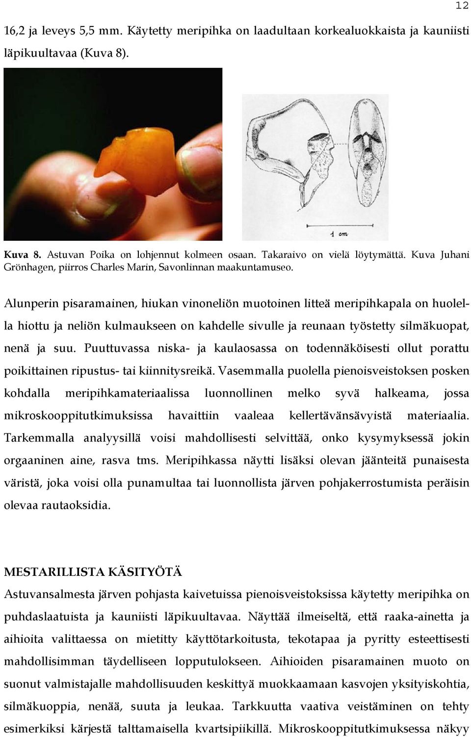 Alunperin pisaramainen, hiukan vinoneliön muotoinen litteä meripihkapala on huolella hiottu ja neliön kulmaukseen on kahdelle sivulle ja reunaan työstetty silmäkuopat, nenä ja suu.