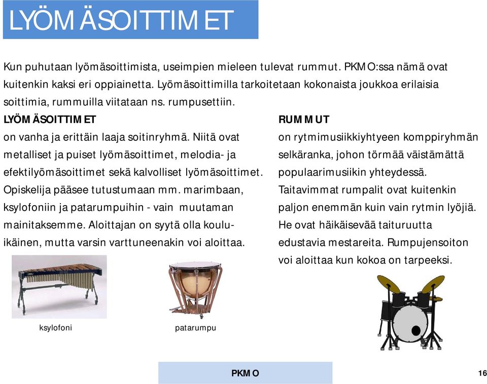 Niitä ovat on rytmimusiikkiyhtyeen komppiryhmän metalliset ja puiset lyömäsoittimet, melodia- ja selkäranka, johon törmää väistämättä efektilyömäsoittimet sekä kalvolliset lyömäsoittimet.