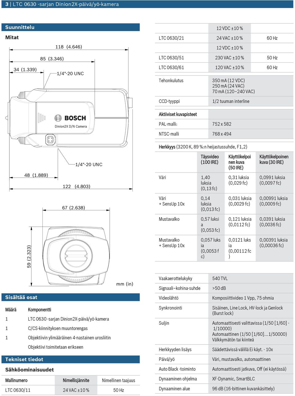 Dinion2X D/N Camera PAL-malli: 752 x 582 NTSC-malli 768 x 494 Herkkyys (3200 K, 89 %:n heijastsshde, F1,2) 48 (1.889) 122 1/4"-20 UNC (4.