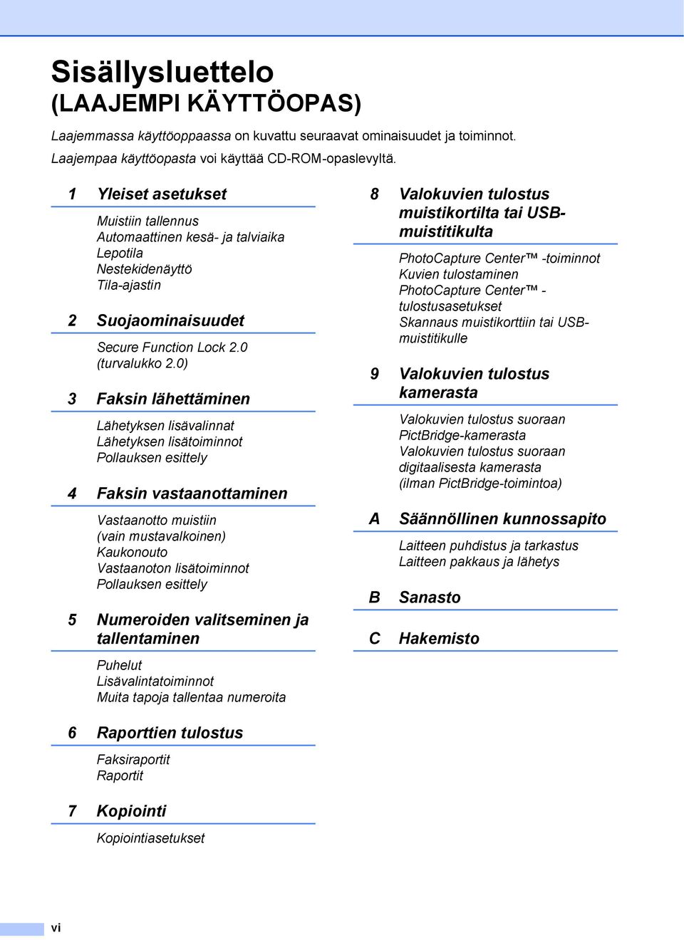 0) 3 Faksin lähettäminen Lähetyksen lisävalinnat Lähetyksen lisätoiminnot Pollauksen esittely 4 Faksin vastaanottaminen Vastaanotto muistiin (vain mustavalkoinen) Kaukonouto Vastaanoton lisätoiminnot
