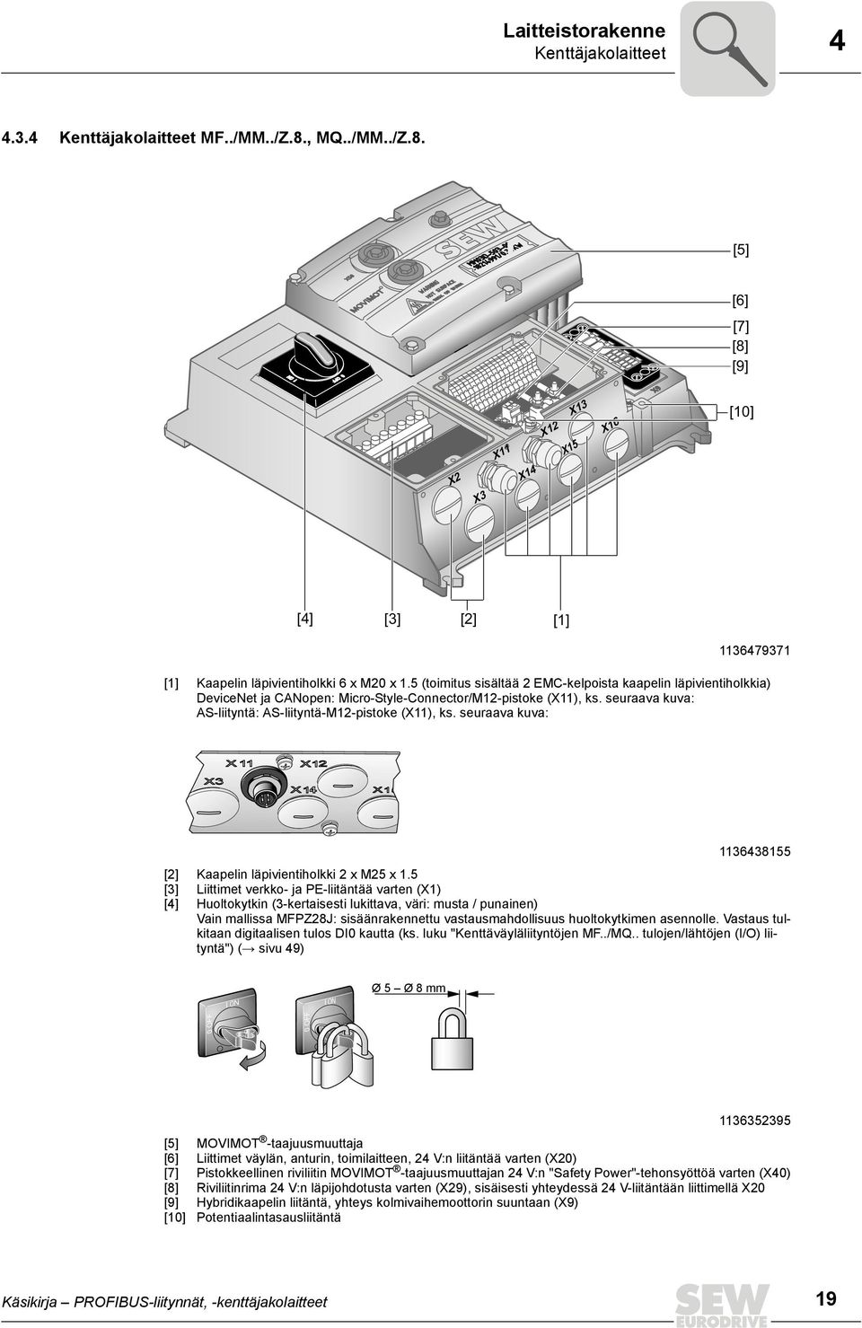 5 (toimitus sisältää 2 EMC-kelpoista kaapelin läpivientiholkkia) DeviceNet ja CANopen: Micro-Style-Connector/M12-pistoke (X11), ks. seuraava kuva: AS-liityntä: AS-liityntä-M12-pistoke (X11), ks.