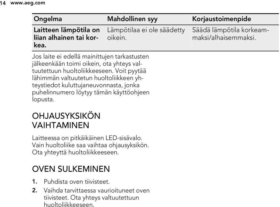 Voit pyytää lähimmän valtuutetun huoltoliikkeen yhteystiedot kuluttujaneuvonnasta, jonka puhelinnumero löytyy tämän käyttöohjeen lopusta.