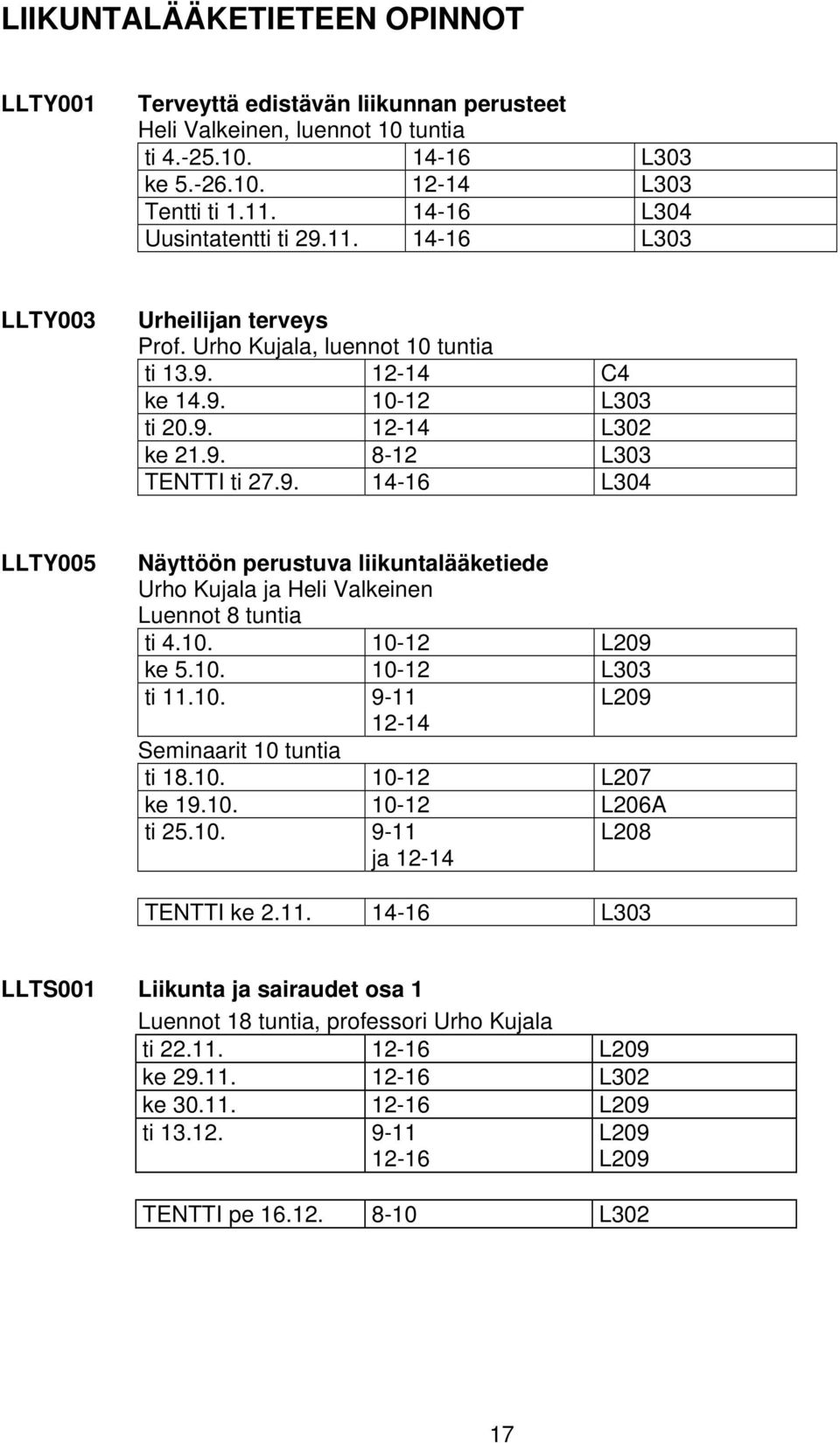 9. 14-16 L304 LLTY005 Näyttöön perustuva liikuntalääketiede Urho Kujala ja Heli Valkeinen Luennot 8 tuntia ti 4.10. 10-12 L209 ke 5.10. 10-12 L303 ti 11.10. 9-11 L209 12-14 Seminaarit 10 tuntia ti 18.