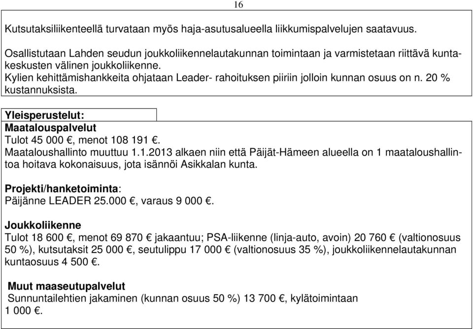 Kylien kehittämishankkeita ohjataan Leader- rahoituksen piiriin jolloin kunnan osuus on n. 20 % kustannuksista. Yleisperustelut: Maatalouspalvelut Tulot 45 000, menot 108 191.