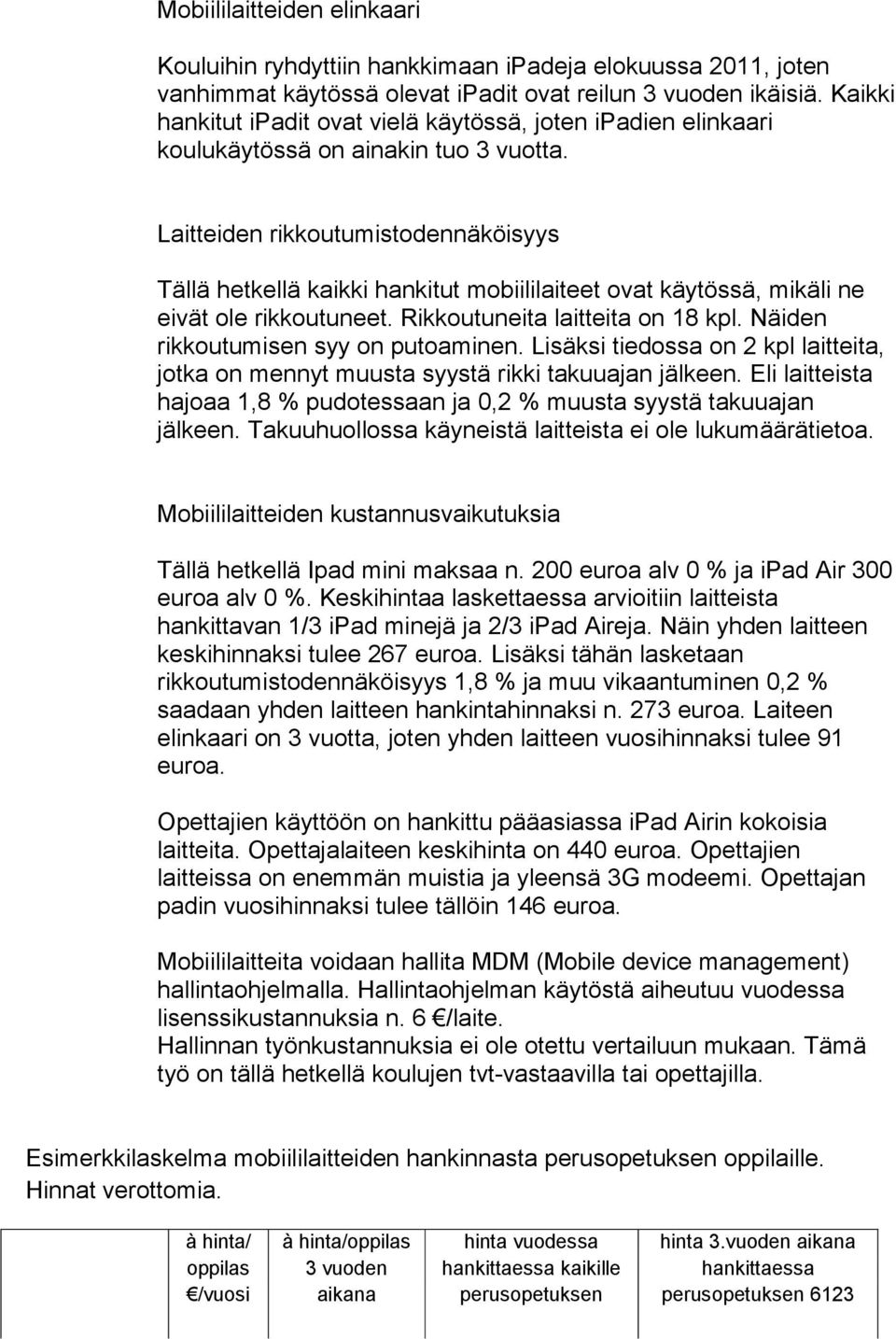 Laitteiden rikkoutumistodennäköisyys Tällä hetkellä kaikki hankitut mobiililaiteet ovat käytössä, mikäli ne eivät ole rikkoutuneet. Rikkoutuneita laitteita on 18 kpl.