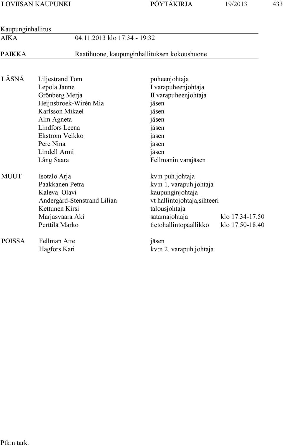 Heijnsbroek-Wirén Mia jäsen Karlsson Mikael jäsen Alm Agneta jäsen Lindfors Leena jäsen Ekström Veikko jäsen Pere Nina jäsen Lindell Armi jäsen Lång Saara Fellmanin varajäsen MUUT Isotalo Arja