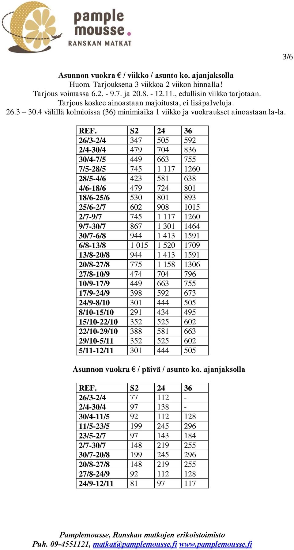 S2 24 36 26/3-2/4 347 505 592 2/4-30/4 479 704 836 30/4-7/5 449 663 755 7/5-28/5 745 1 117 1260 28/5-4/6 423 581 638 4/6-18/6 479 724 801 18/6-25/6 530 801 893 25/6-2/7 602 908 1015 2/7-9/7 745 1 117