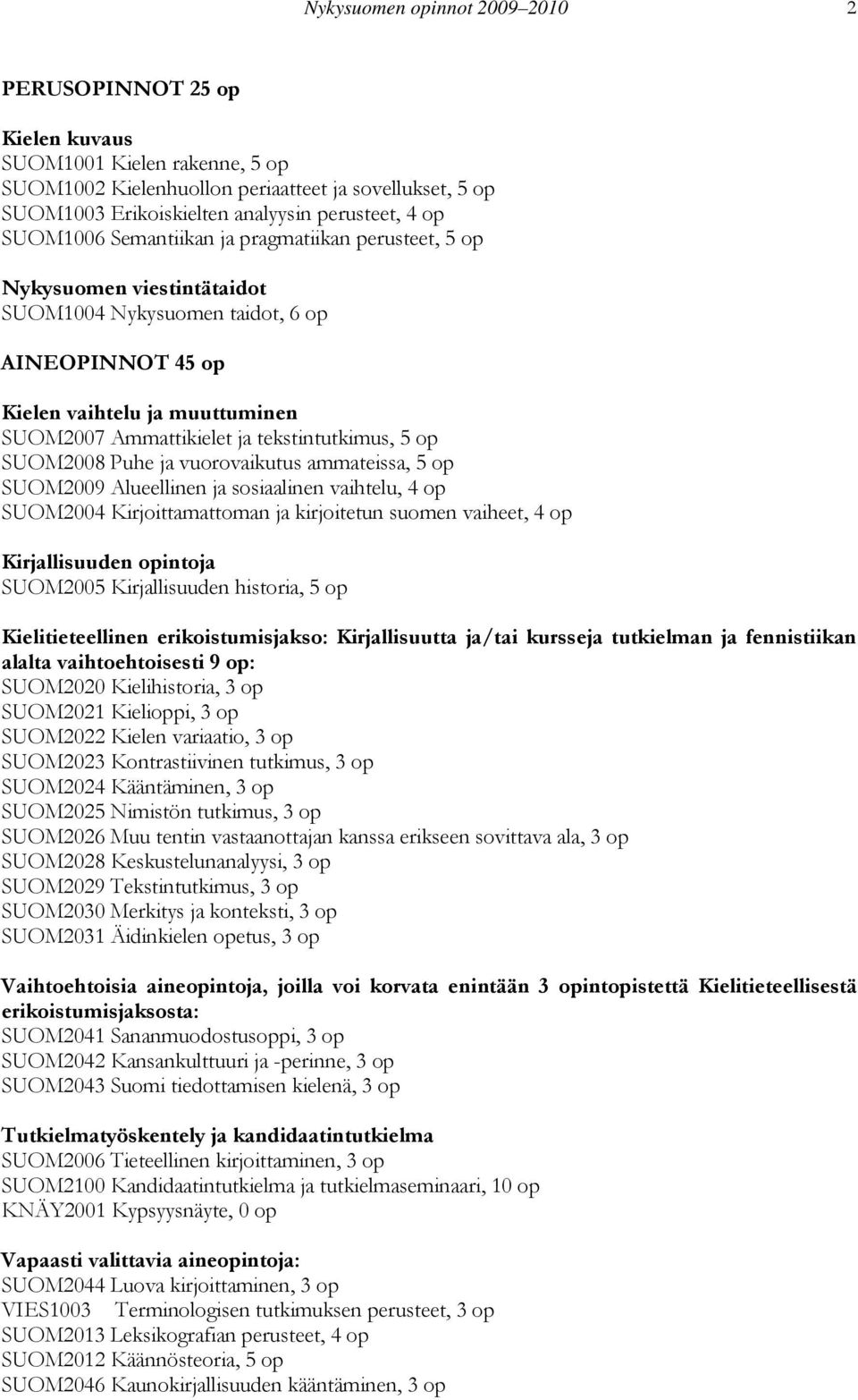 tekstintutkimus, 5 op SUOM2008 Puhe ja vuorovaikutus ammateissa, 5 op SUOM2009 Alueellinen ja sosiaalinen vaihtelu, 4 op SUOM2004 Kirjoittamattoman ja kirjoitetun suomen vaiheet, 4 op Kirjallisuuden