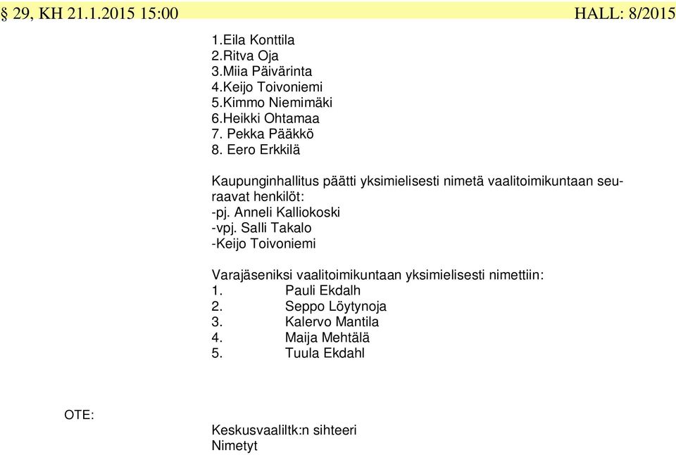 Eero Erkkilä HALL: 8/2015 Kaupunginhallitus päätti yksimielisesti nimetä vaalitoimikuntaan seuraavat henkilöt: -pj.