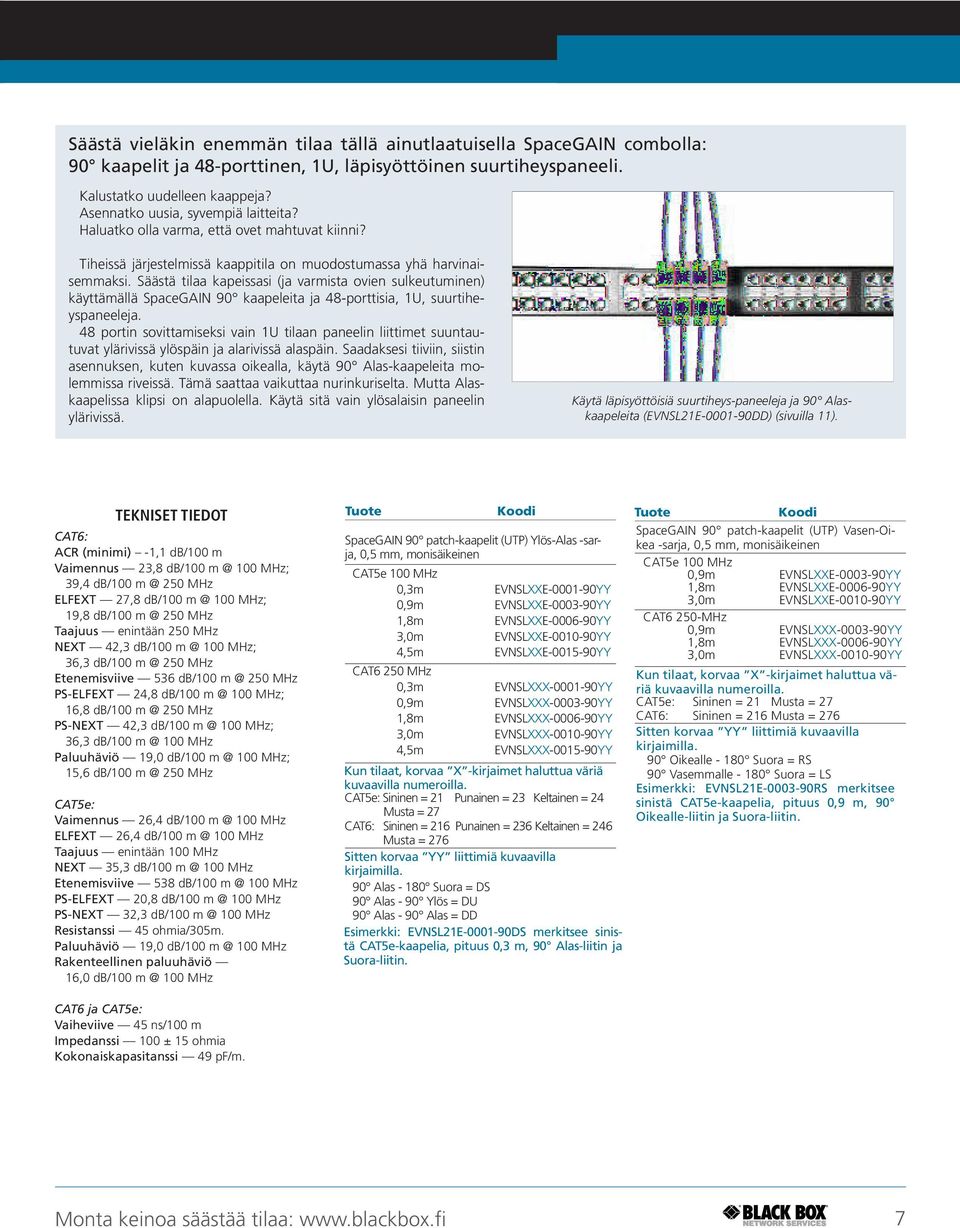 Säästä tilaa kapeissasi (ja varmista ovien sulkeutuminen) käyttämällä SpaceGAIN 90 kaapeleita ja 48-porttisia, 1U, suurtiheyspaneeleja.