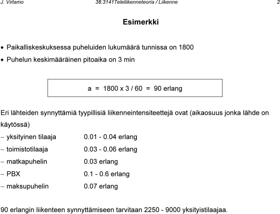 keskimääräinen pitoaika on 3 min a = 1800 x 3 / 60 = 90 erlang Eri lähteiden synnyttämiä tyypillisiä liikenneintensiteettejä