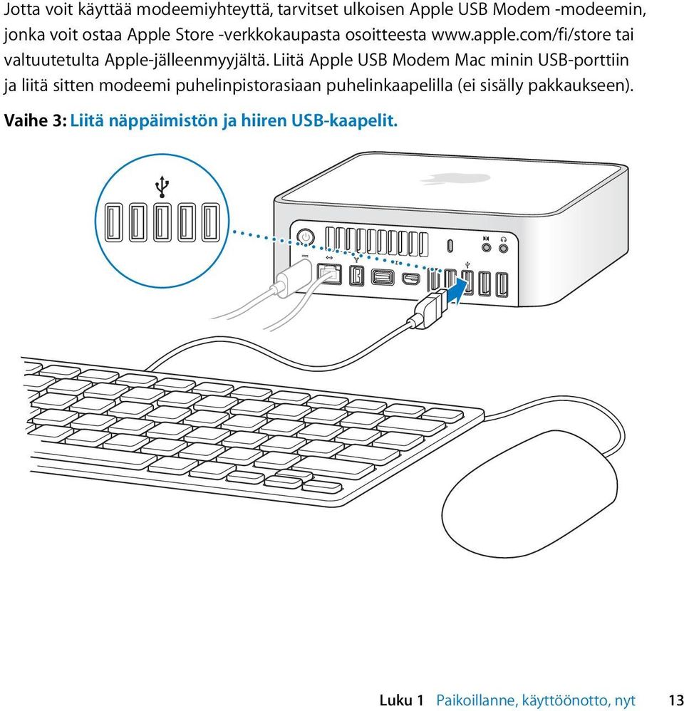 Liitä Apple USB Modem Mac minin USB-porttiin ja liitä sitten modeemi puhelinpistorasiaan puhelinkaapelilla