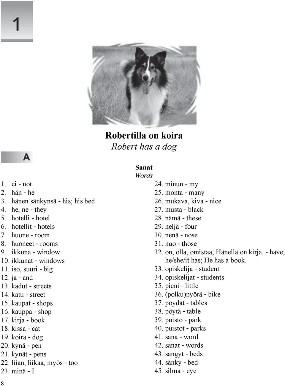 kynä - pen 21. kynät - pens 22. liian, liikaa, myös - too 23. minä - I Sanat Words 24. minun - my 25. monta - many 26. mukava, kiva - nice 27. musta - black 28. nämä - these 29. neljä - four 30.