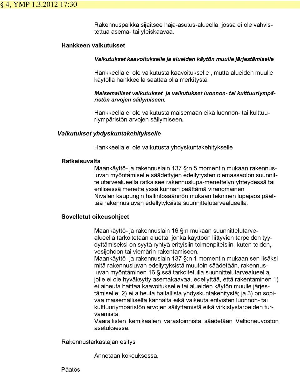 Maisemalliset vaikutukset ja vaikutukset luonnon- tai kulttuuriympäristön arvojen säilymiseen. Hankkeella ei ole vaikutusta maisemaan eikä luonnon- tai kulttuuriympäristön arvojen säilymiseen.