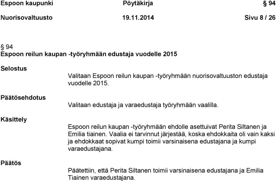 edustaja vuodelle 2015. Valitaan edustaja ja varaedustaja työryhmään vaalilla.