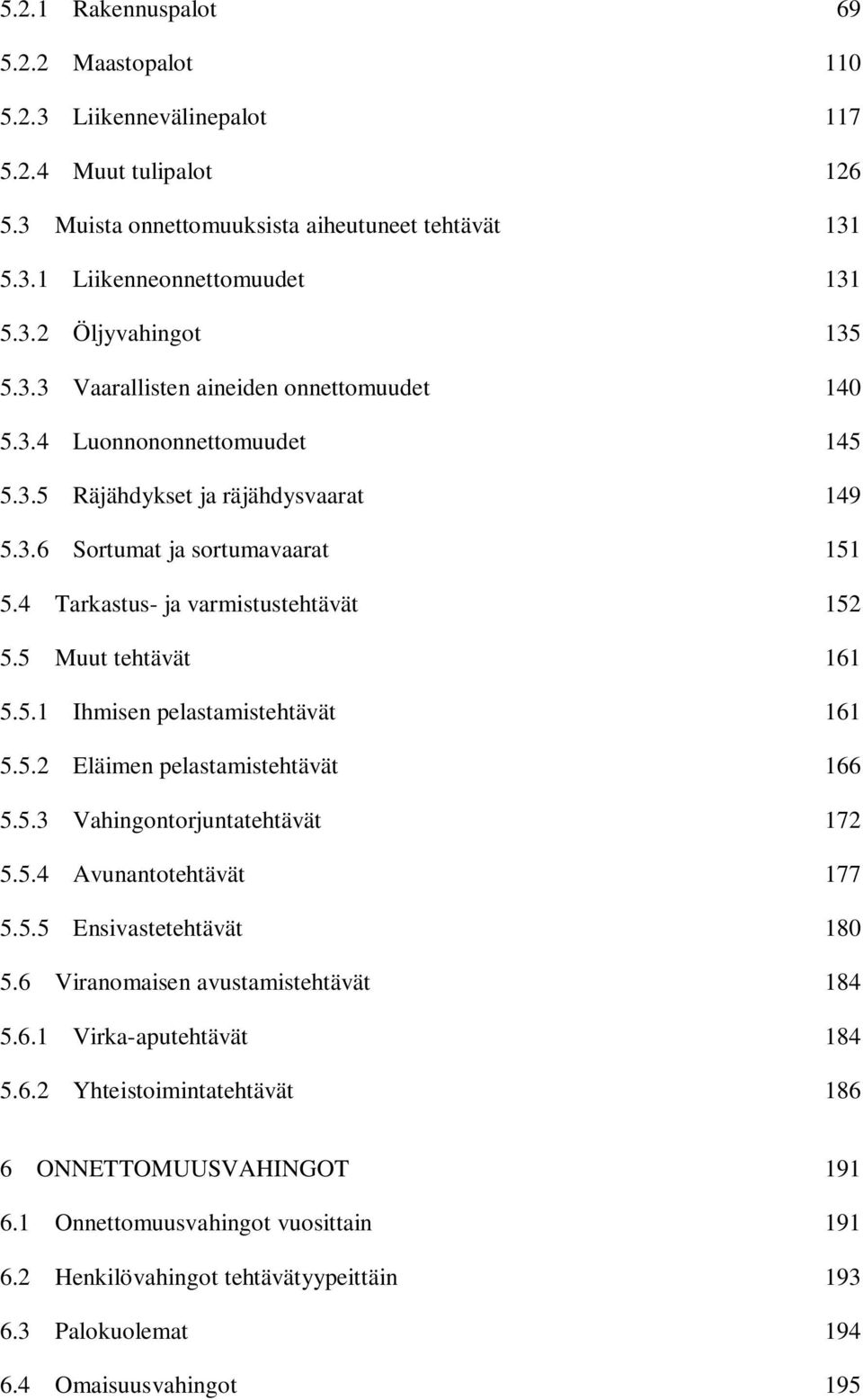 5 Muut tehtävät 161 5.5.1 Ihmisen pelastamistehtävät 161 5.5.2 Eläimen pelastamistehtävät 166 5.5.3 Vahingontorjuntatehtävät 172 5.5.4 Avunantotehtävät 177 5.5.5 Ensivastetehtävät 18 5.