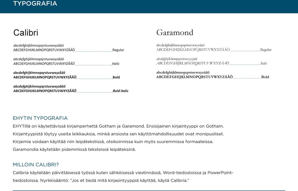 Kirjaimia voidaan käyttää niin leipätekstissä, otsikoinnissa kuin myös suuremmissa formaateissa. Garamondia käytetään pidemmissä teksteissä leipäteksinä.