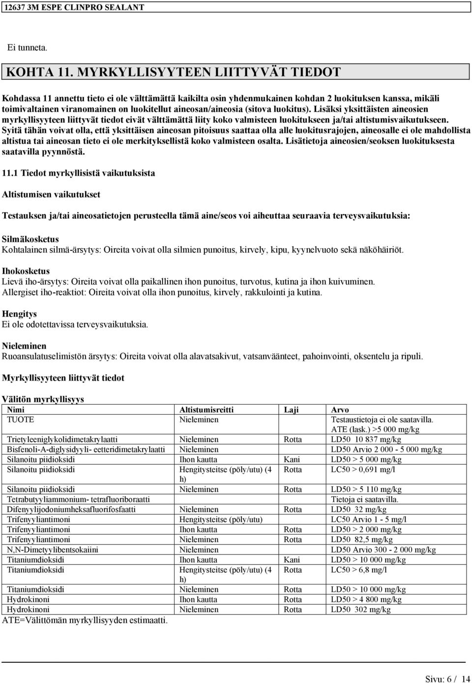 aineosan/aineosia (sitova luokitus). Lisäksi yksittäisten aineosien myrkyllisyyteen liittyvät tiedot eivät välttämättä liity koko valmisteen luokitukseen ja/tai altistumisvaikutukseen.