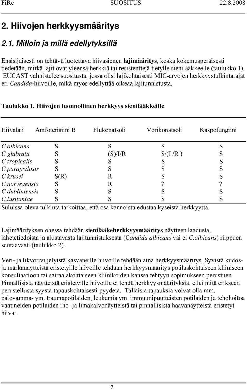 sienilääkkeelle (taulukko 1). EUCAST valmistelee suositusta, jossa olisi lajikohtaisesti MIC-arvojen herkkyystulkintarajat eri Candida-hiivoille, mikä myös edellyttää oikeaa lajitunnistusta.