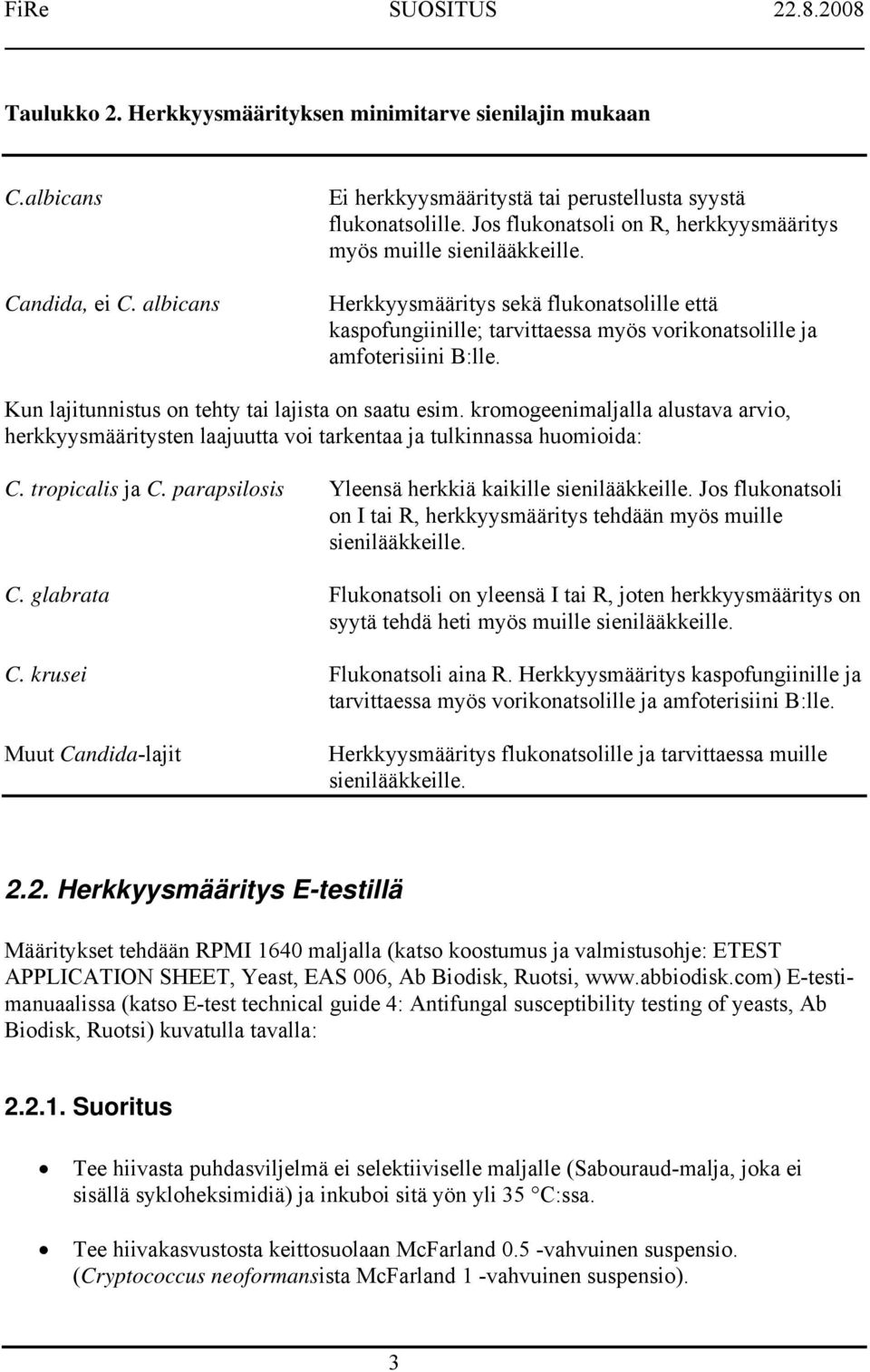 Kun lajitunnistus on tehty tai lajista on saatu esim. kromogeenimaljalla alustava arvio, herkkyysmääritysten laajuutta voi tarkentaa ja tulkinnassa huomioida: C. tropicalis ja C.