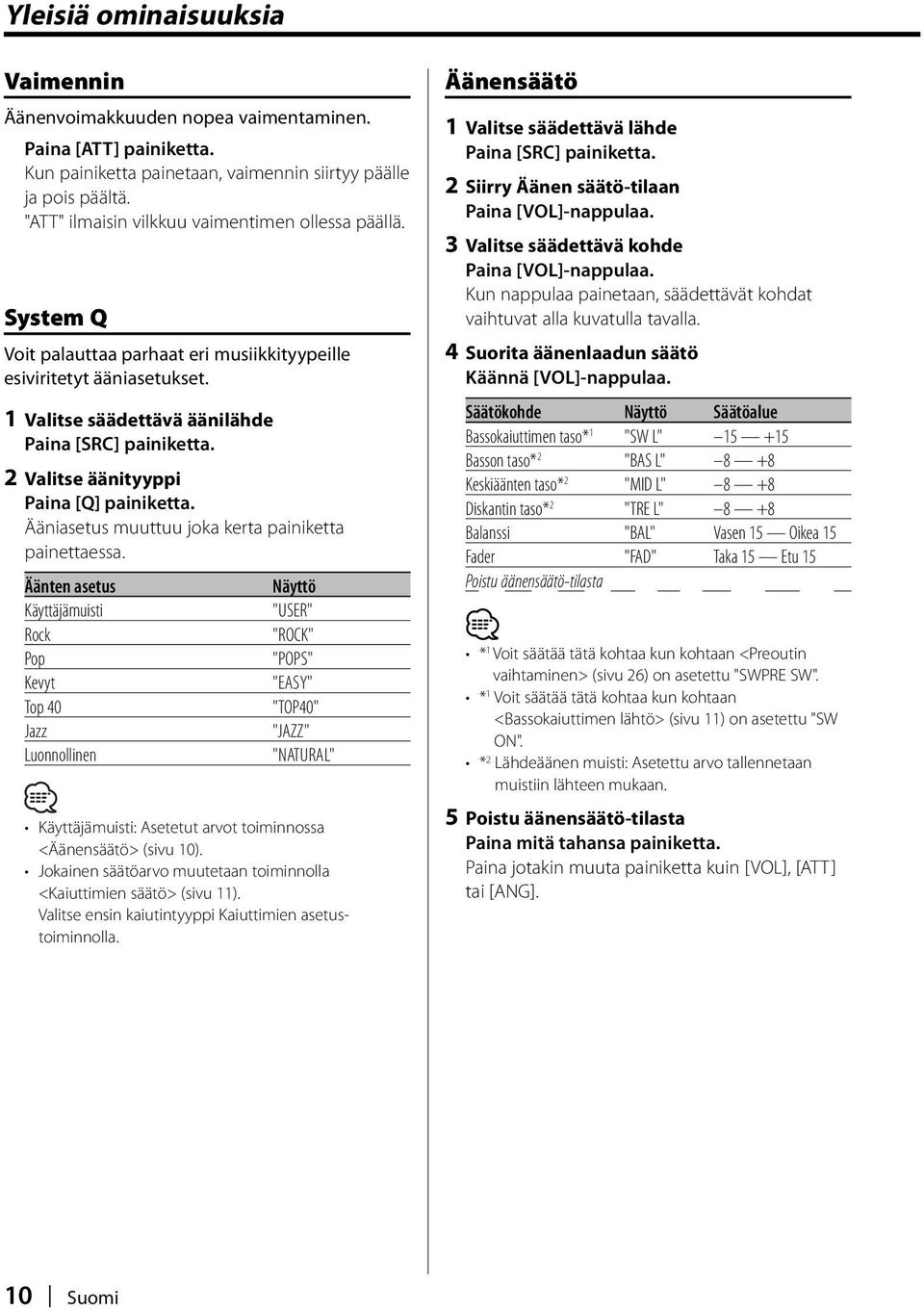 2 Valitse äänityyppi Paina [Q] painiketta. Ääniasetus muuttuu joka kerta painiketta painettaessa.