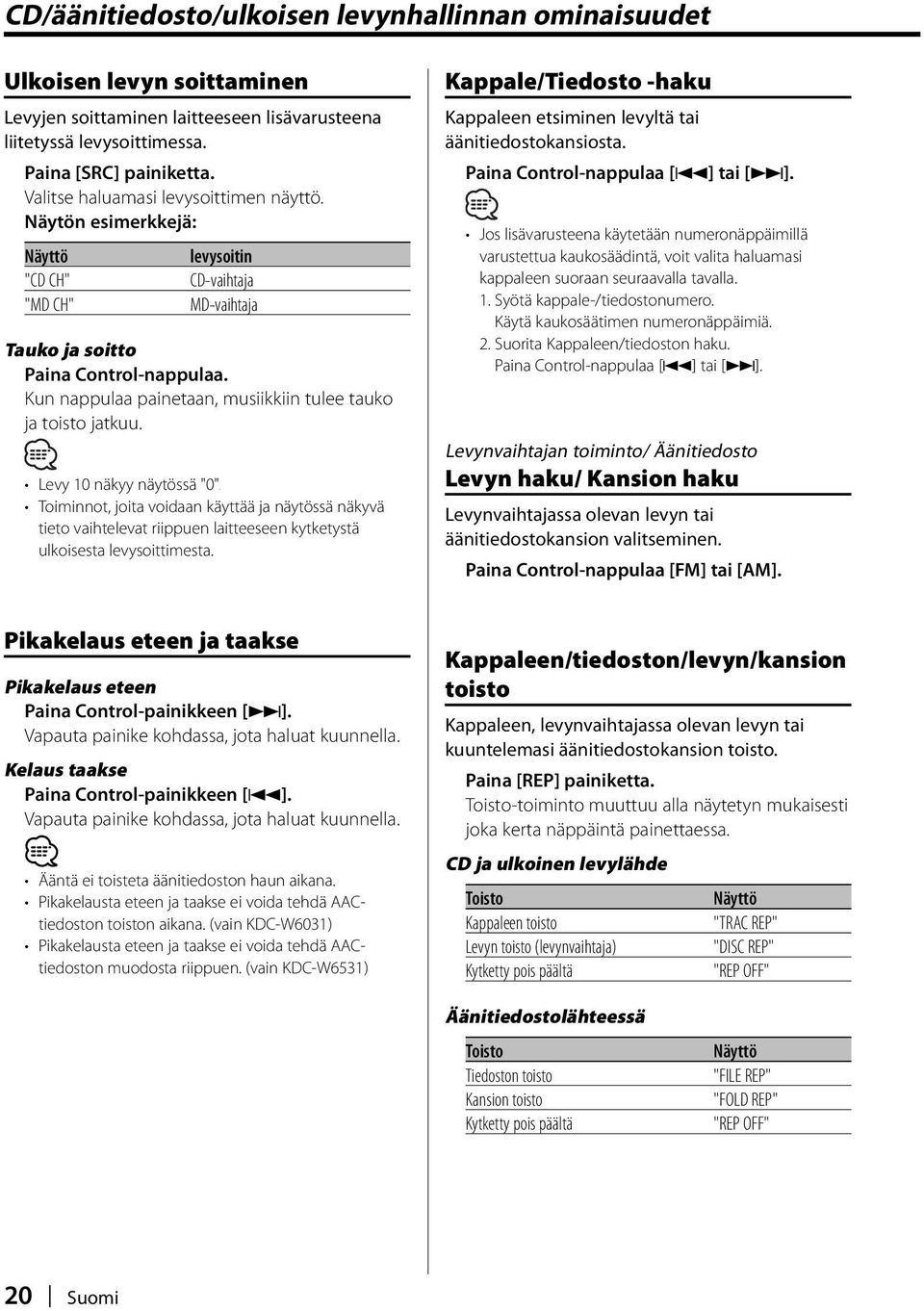 Kun nappulaa painetaan, musiikkiin tulee tauko ja toisto jatkuu. Levy 10 näkyy näytössä "0".