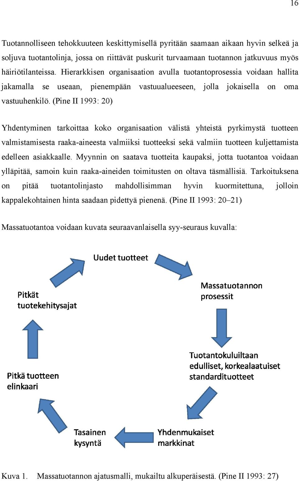 (Pine II 1993: 20) Yhdentyminen tarkoittaa koko organisaation välistä yhteistä pyrkimystä tuotteen valmistamisesta raaka-aineesta valmiiksi tuotteeksi sekä valmiin tuotteen kuljettamista edelleen