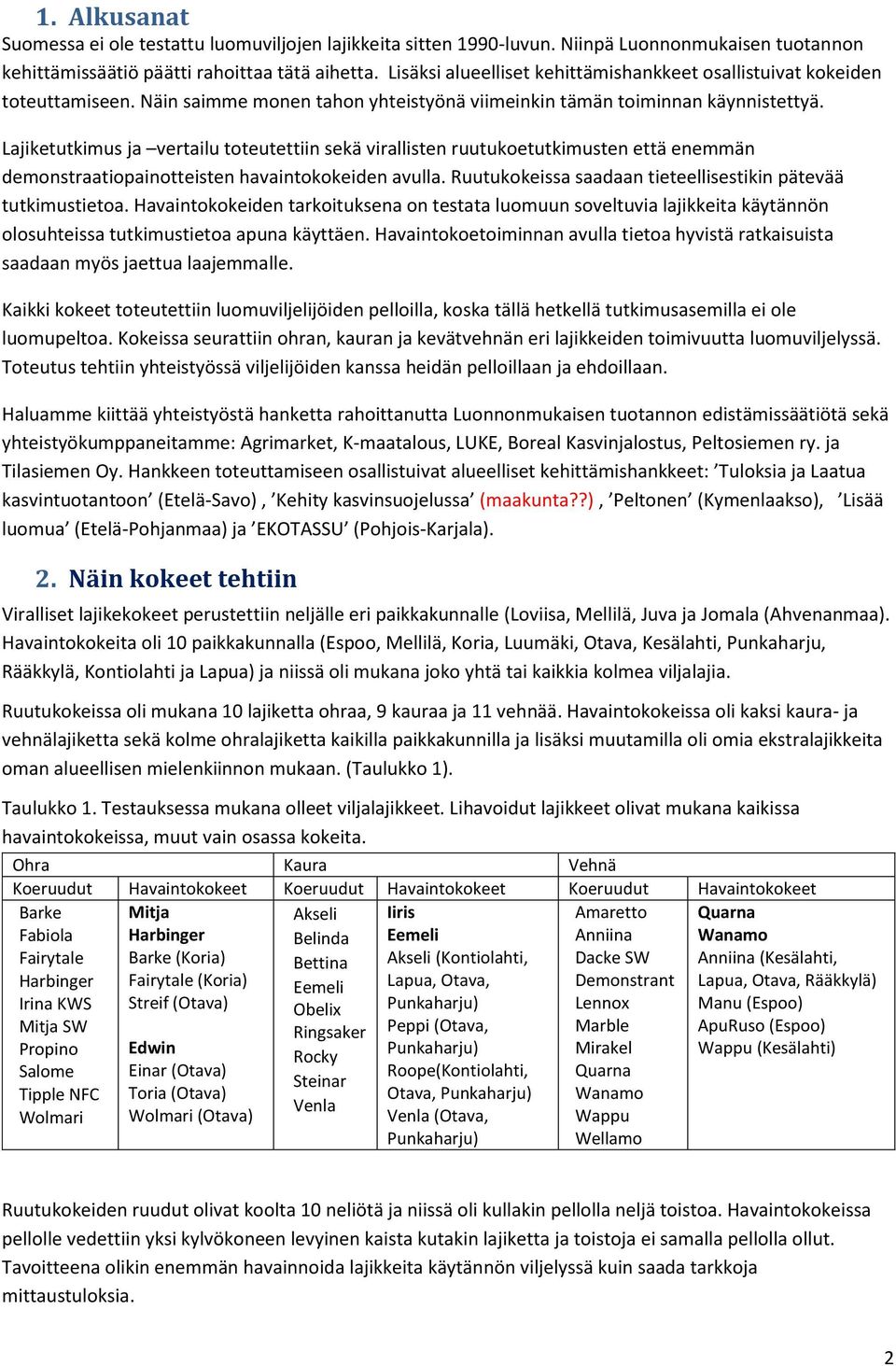 Lajiketutkimus ja vertailu toteutettiin sekä virallisten ruutukoetutkimusten että enemmän demonstraatiopainotteisten havaintokokeiden avulla.