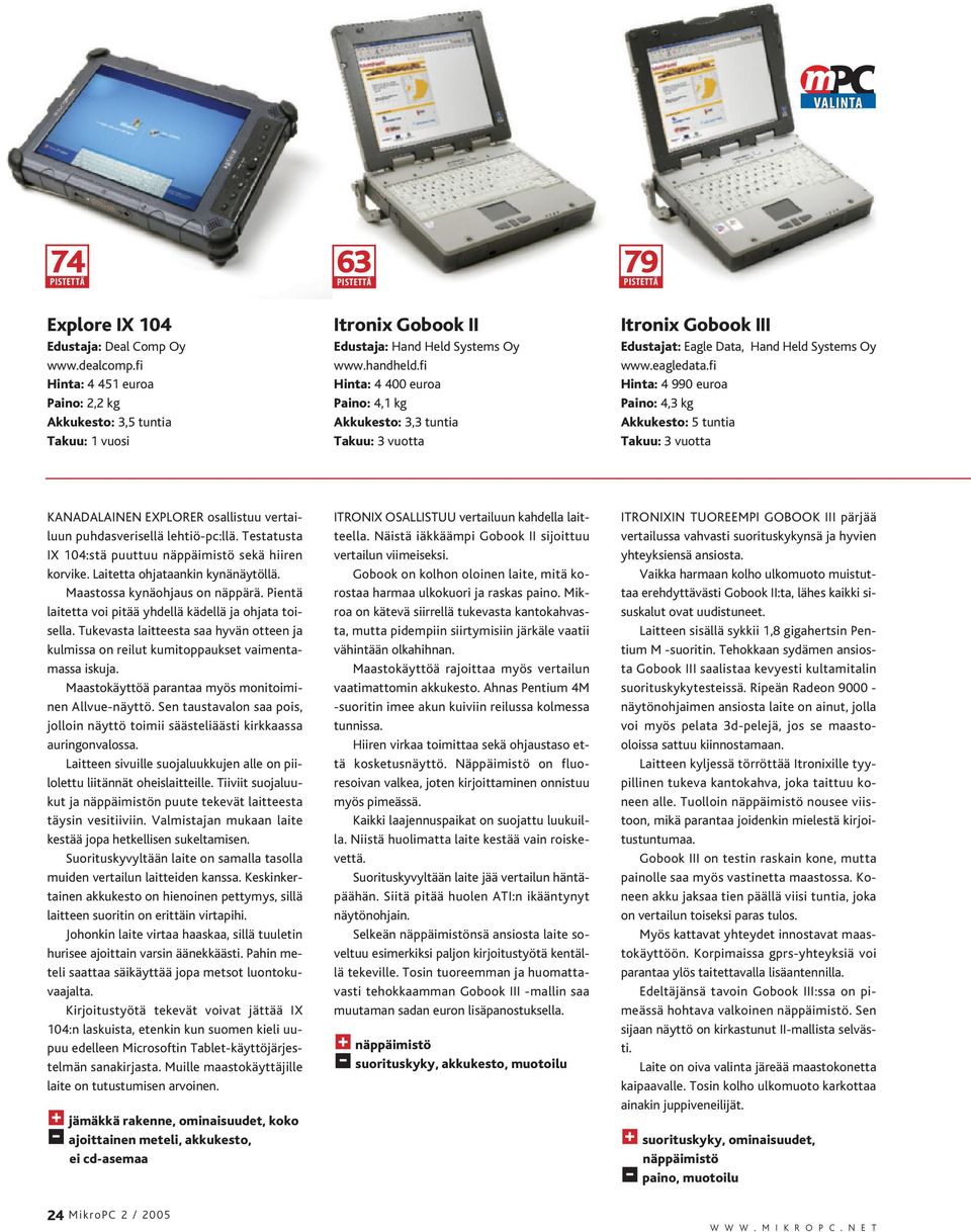 fi Hinta: 4 400 euroa Paino: 4,1 kg Akkukesto: 3,3 tuntia Takuu: 3 vuotta Itronix Gobook III Edustajat: Eagle Data, Hand Held Systems Oy www.eagledata.
