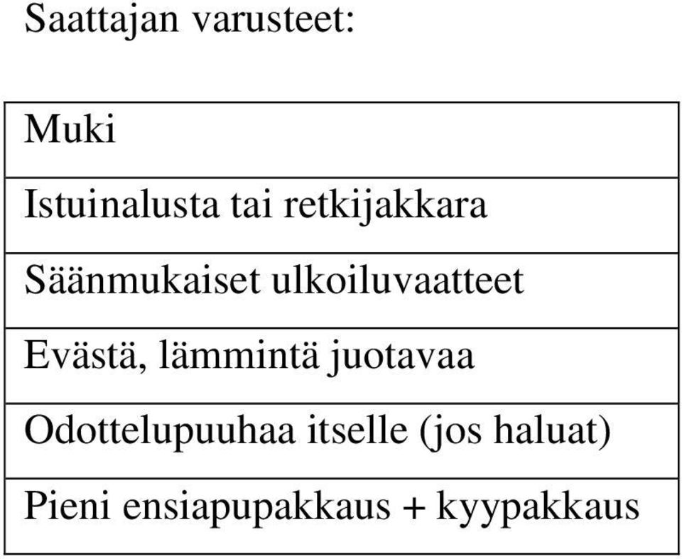 Evästä, lämmintä juotavaa Odottelupuuhaa