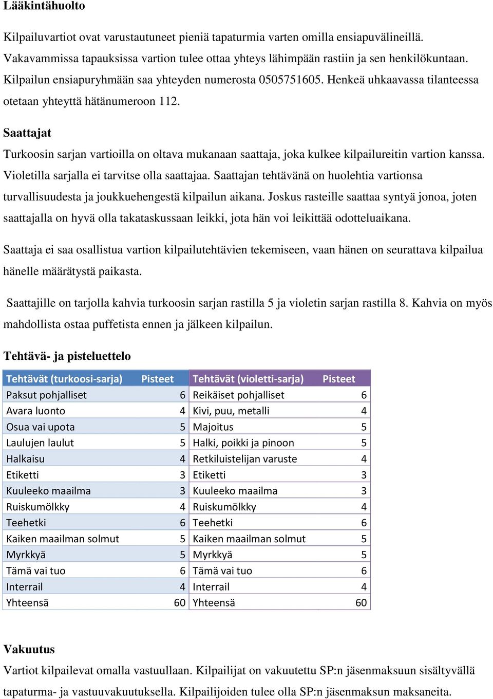 Saattajat Turkoosin sarjan vartioilla on oltava mukanaan saattaja, joka kulkee kilpailureitin vartion kanssa. Violetilla sarjalla ei tarvitse olla saattajaa.