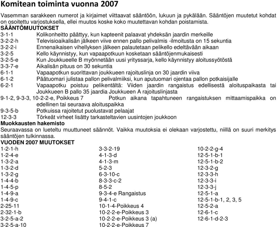 SÄÄNTÖMUUTOKSET 3-1-1 Kolikonheitto päättyy, kun kapteenit palaavat yhdeksän jaardin merkeille 3-2-2-h Televisioaikalisän jälkeen viive ennen pallo pelivalmis -ilmoitusta on 15 sekuntia 3-2-2-i