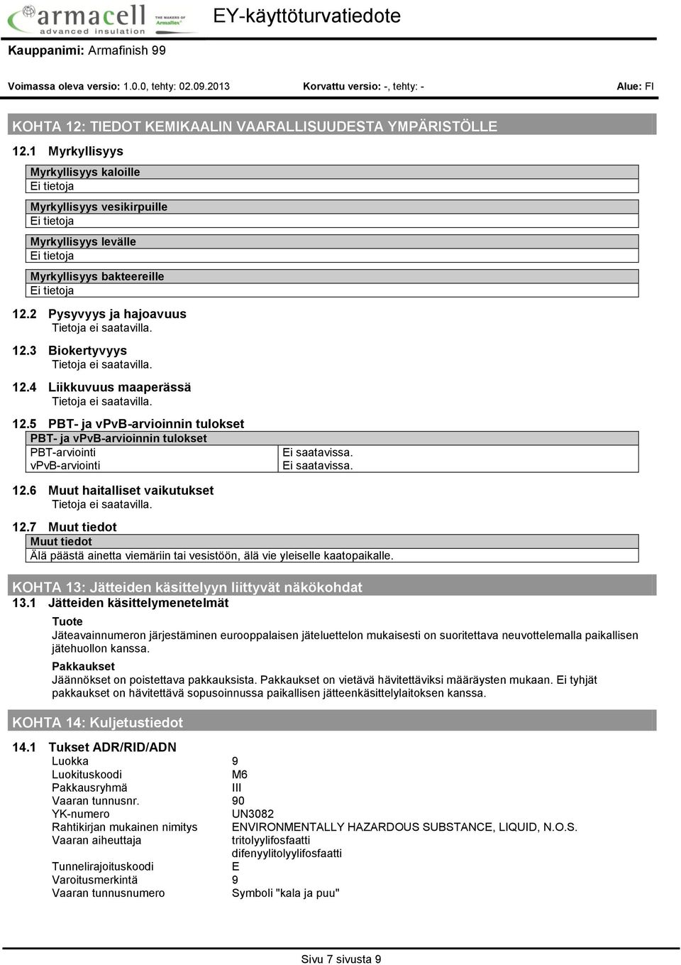 5 PBT ja vpvbarvioinnin tulokset PBT ja vpvbarvioinnin tulokset PBTarviointi vpvbarviointi Ei saatavissa. Ei saatavissa. 12.6 Muut haitalliset vaikutukset 12.
