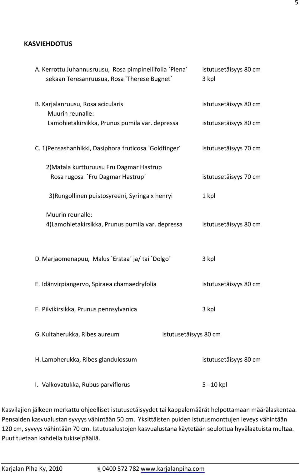 1)Pensashanhikki, Dasiphora fruticosa `Goldfinger istutusetäisyys 70 cm 2)Matala kurtturuusu Fru Dagmar Hastrup Rosa rugosa `Fru Dagmar Hastrup 3)Rungollinen puistosyreeni, Syringa x henryi Muurin