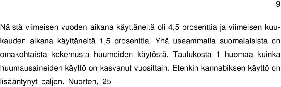 Nuorten, 25 34-vuotiaiden, keskuudessa yli kolmasosa on joskus kokeillut kannabista. (Hakkarainen, Metso & Salasuo 2011, 400.) TAULUKKO 1.