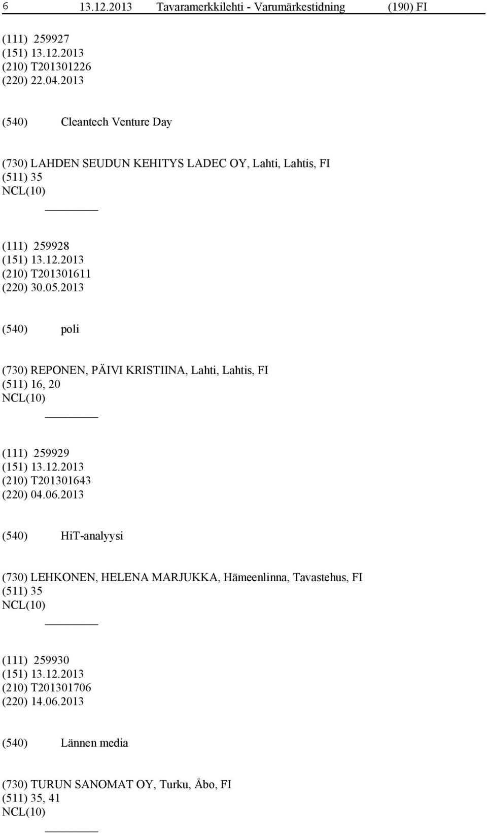 2013 poli (730) REPONEN, PÄIVI KRISTIINA, Lahti, Lahtis, FI (511) 16, 20 (111) 259929 (210) T201301643 (220) 04.06.