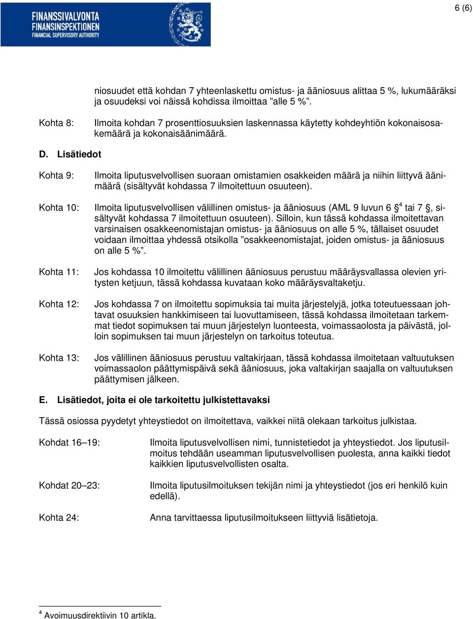 Lisätiedot Kohta 9: Kohta 10: Kohta 11: Kohta 12: Kohta 13: Ilmoita liputusvelvollisen suoraan omistamien osakkeiden määrä ja niihin liittyvä äänimäärä (sisältyvät kohdassa 7 ilmoitettuun osuuteen).