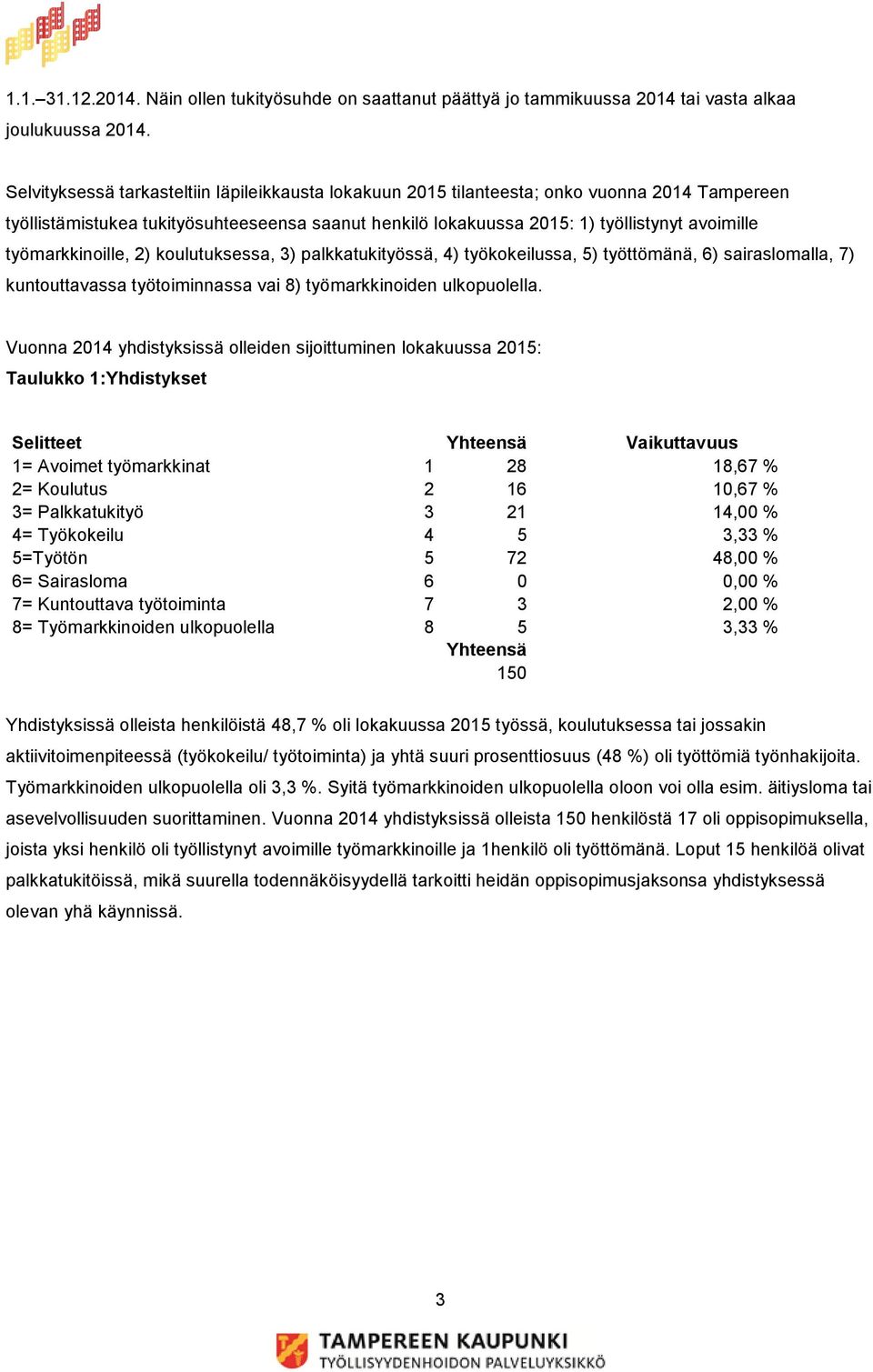 työmarkkinoille, 2) koulutuksessa, 3) palkkatukityössä, 4) työkokeilussa, 5) työttömänä, 6) sairaslomalla, 7) kuntouttavassa työtoiminnassa vai 8) työmarkkinoiden ulkopuolella.