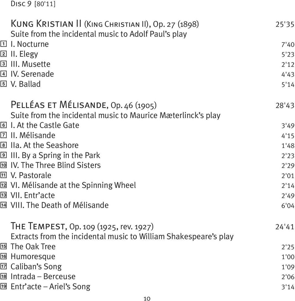 Mélisande 4'15 IIa. At the Seashore 1'48 III. By a Spring in the Park 2'23 IV. The Three Blind Sisters 2'29 V. Pastorale 2'01 VI. Mélisande at the Spinning Wheel 2'14 VII. Entr acte 2'49 VIII.