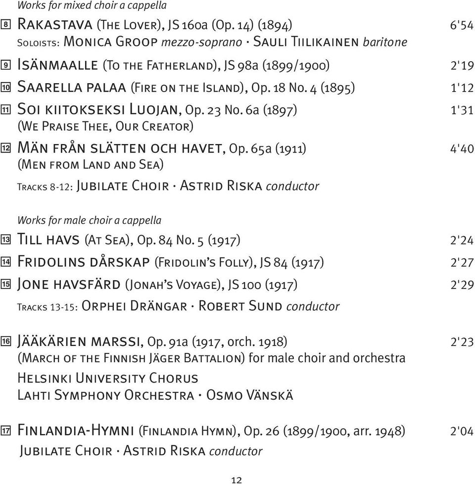 4 (1895) 1'12 Soi kiitokseksi Luojan, Op. 23 No. 6a (1897) 1'31 (We Praise Thee, Our Creator) Män från slätten och havet, Op.