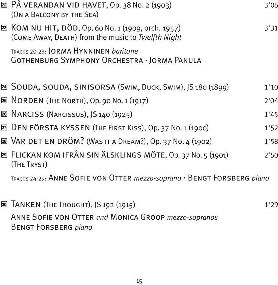 Swim), JS 180 (1899) 1'10 Norden (The North), Op. 90 No. 1 (1917) 2'04 Narciss (Narcissus), JS 140 (1925) 1'45 Den första kyssen (The First Kiss), Op. 37 No. 1 (1900) 1'52 Var det en dröm?