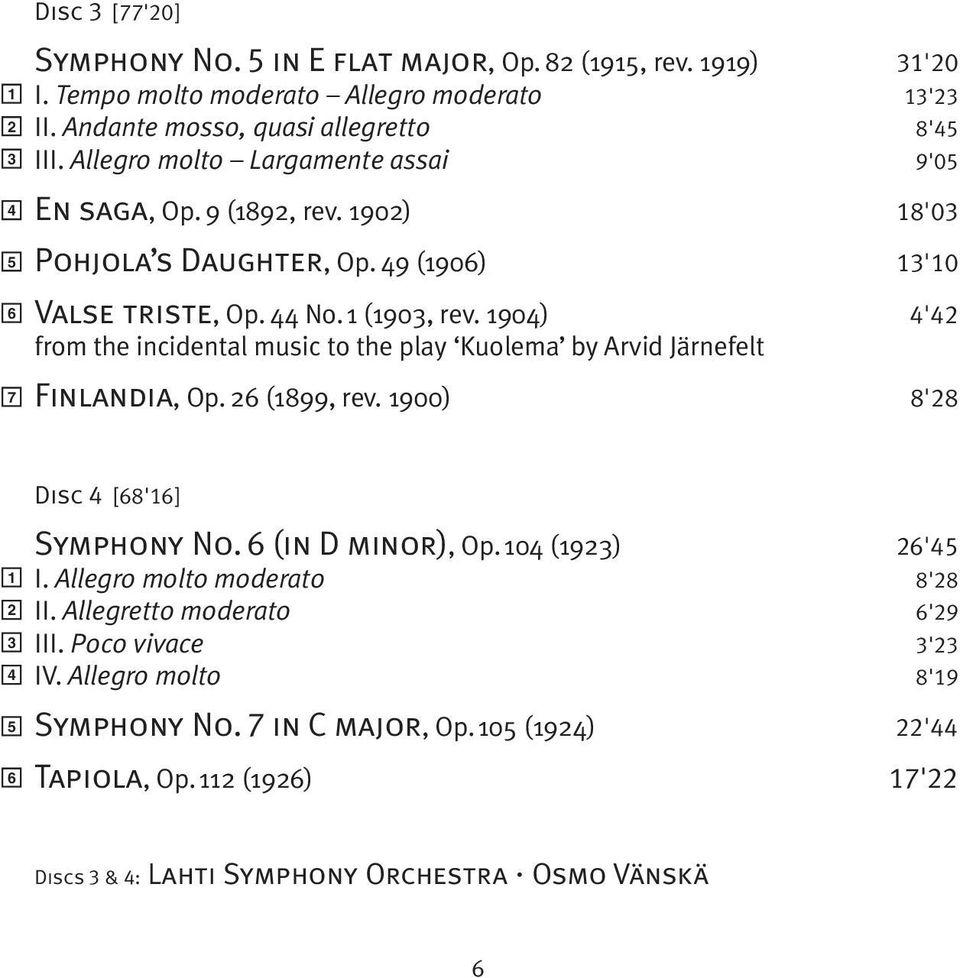 1904) 4'42 from the incidental music to the play Kuolema by Arvid Järnefelt 7 Finlandia, Op. 26 (1899, rev. 1900) 8'28 1 2 3 4 Disc 4 [68'16] Symphony No. 6 (in D minor), Op.