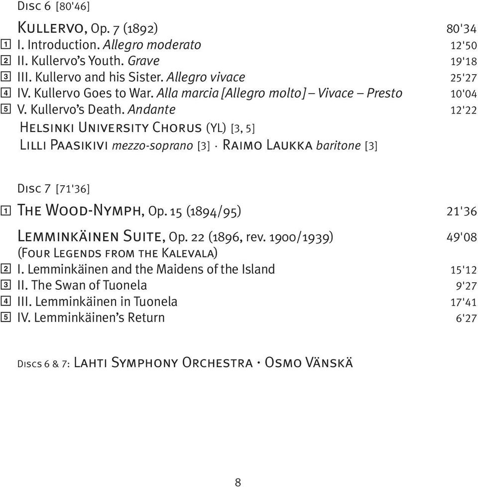 Andante 12'22 Helsinki University Chorus (YL) [3, 5] Lilli Paasikivi mezzo-soprano [3] Raimo Laukka baritone [3] 1 2 3 4 5 Disc 7 [71'36] The Wood-Nymph, Op.