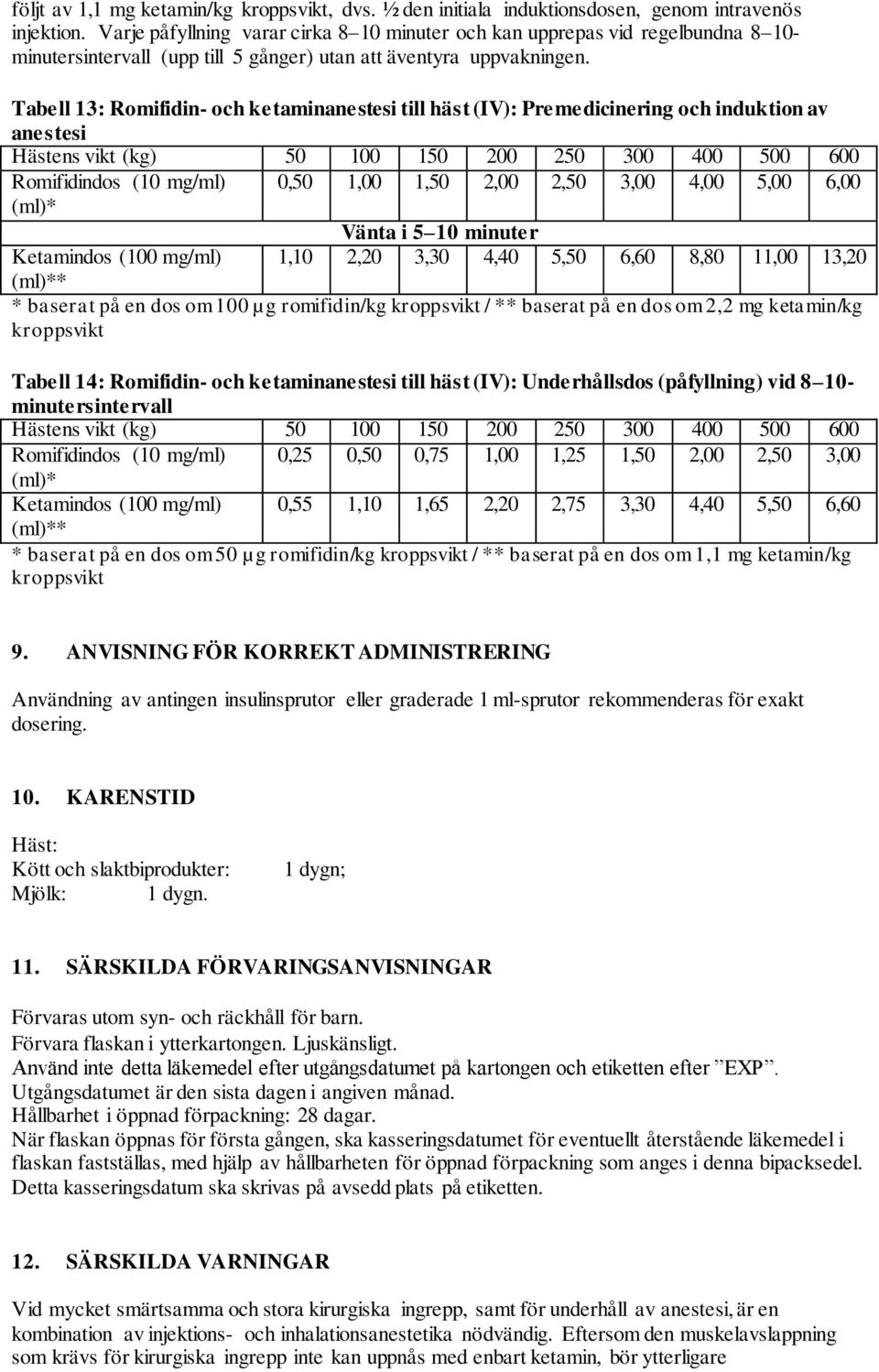 Tabell 13: Romifidin- och ketaminanestesi till häst (IV): Premedicinering och induktion av anestesi Hästens vikt (kg) 50 100 150 200 250 300 400 500 600 Romifidindos (10 mg/ml) 0,50 1,00 1,50 2,00