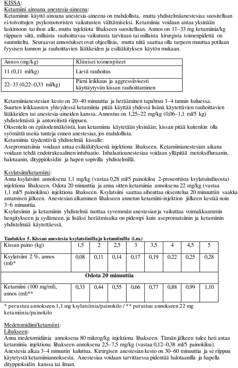 Annos on 11 33 mg ketamiinia/kg riippuen siitä, millaista rauhoittavaa vaikutusta tarvitaan tai millaista kirurgista toimenpidettä on suunniteltu.